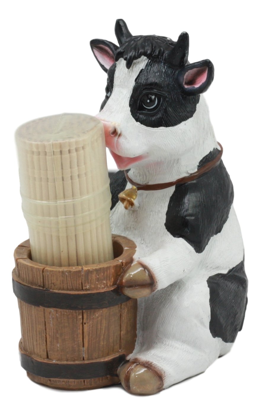 Ebros Country Farm Bovine Cow With Bell Collar Holding A Wooden Barrel Decorative Toothpick Holder Statue With Toothpicks 4''Tal