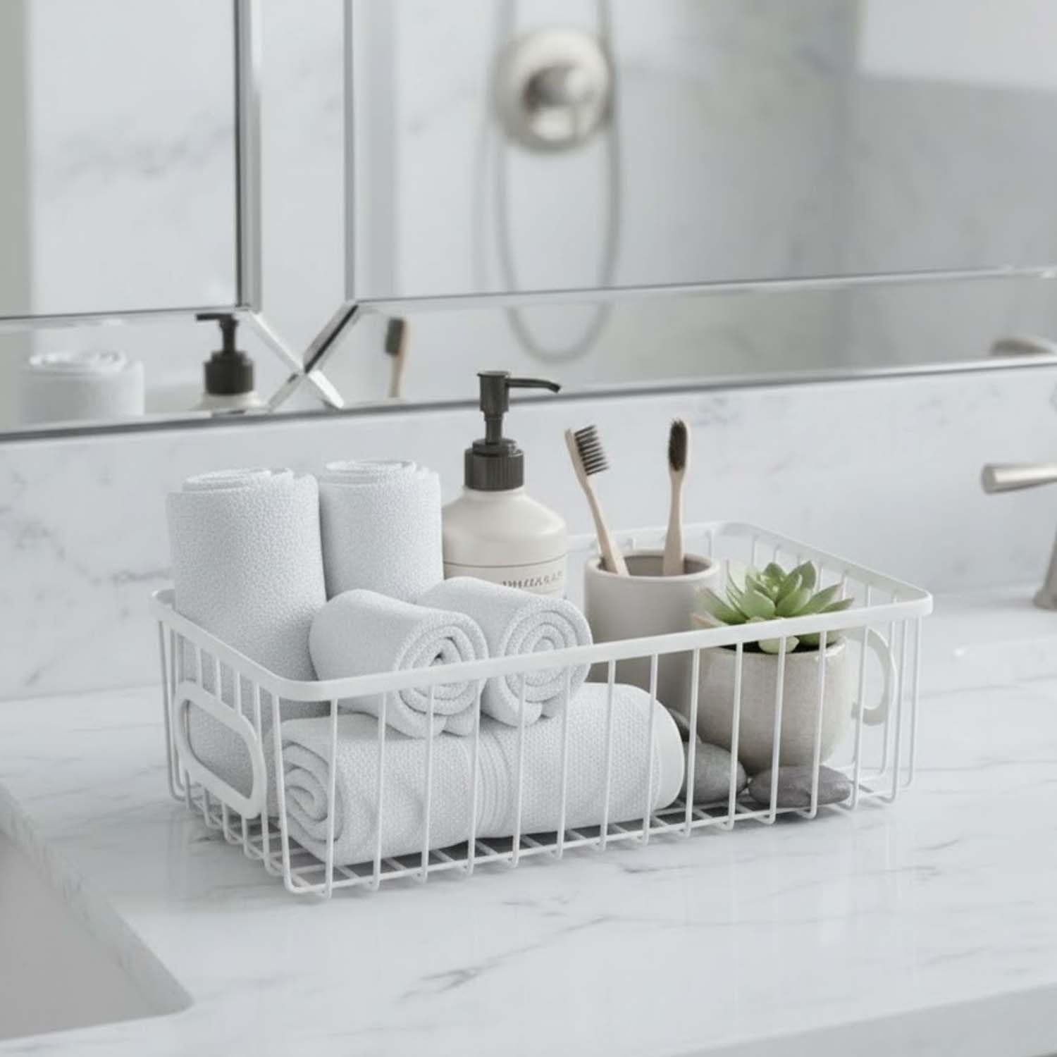 Bianco Multipurpose 10 Inch Metal Bathroom Storage Organizer Basket Bin Modern Wire Grid Design For Organization In Cabinets On 