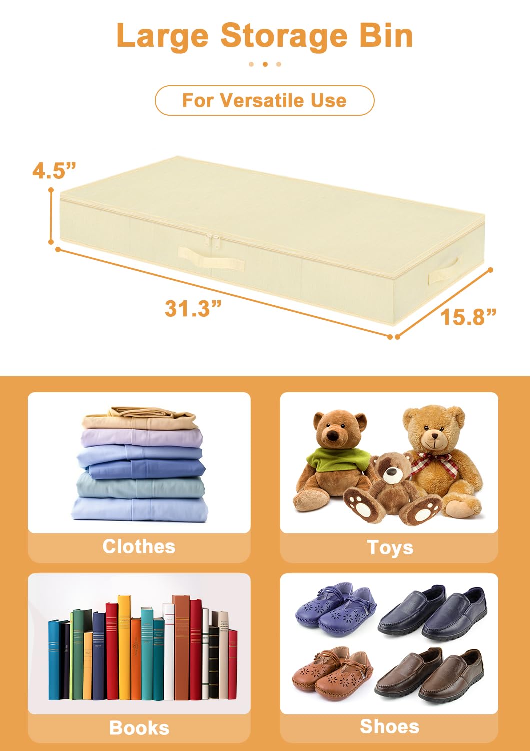 punemi 4.5 Inch Tall Low Profile Under Bed Storage Containers Bins, 2Pcs Shallow Flat Underbed Clothes Storage With Sturdy Struc