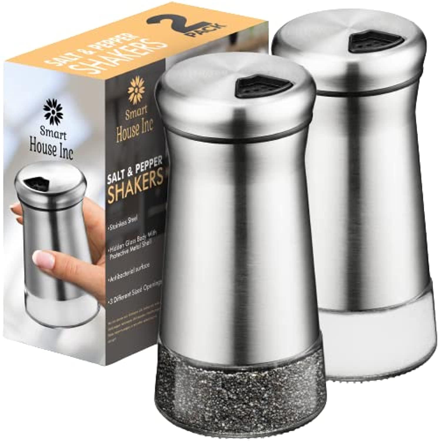 The Original Salt And Pepper Shakers Set - Silver- Spice Dispenser With Adjustable Pour Holes - Stainless Steel & Glass Set Of 2