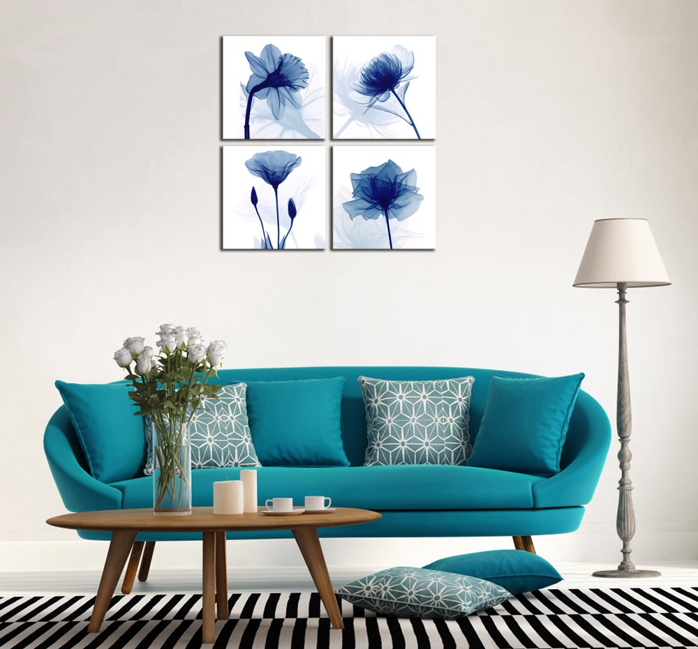 Pyradecor Large Blue Flickering Flower Modern Abstract Paintings Canvas Wall Art Gallery Wrapped Grace Floral Pictures On Canvas