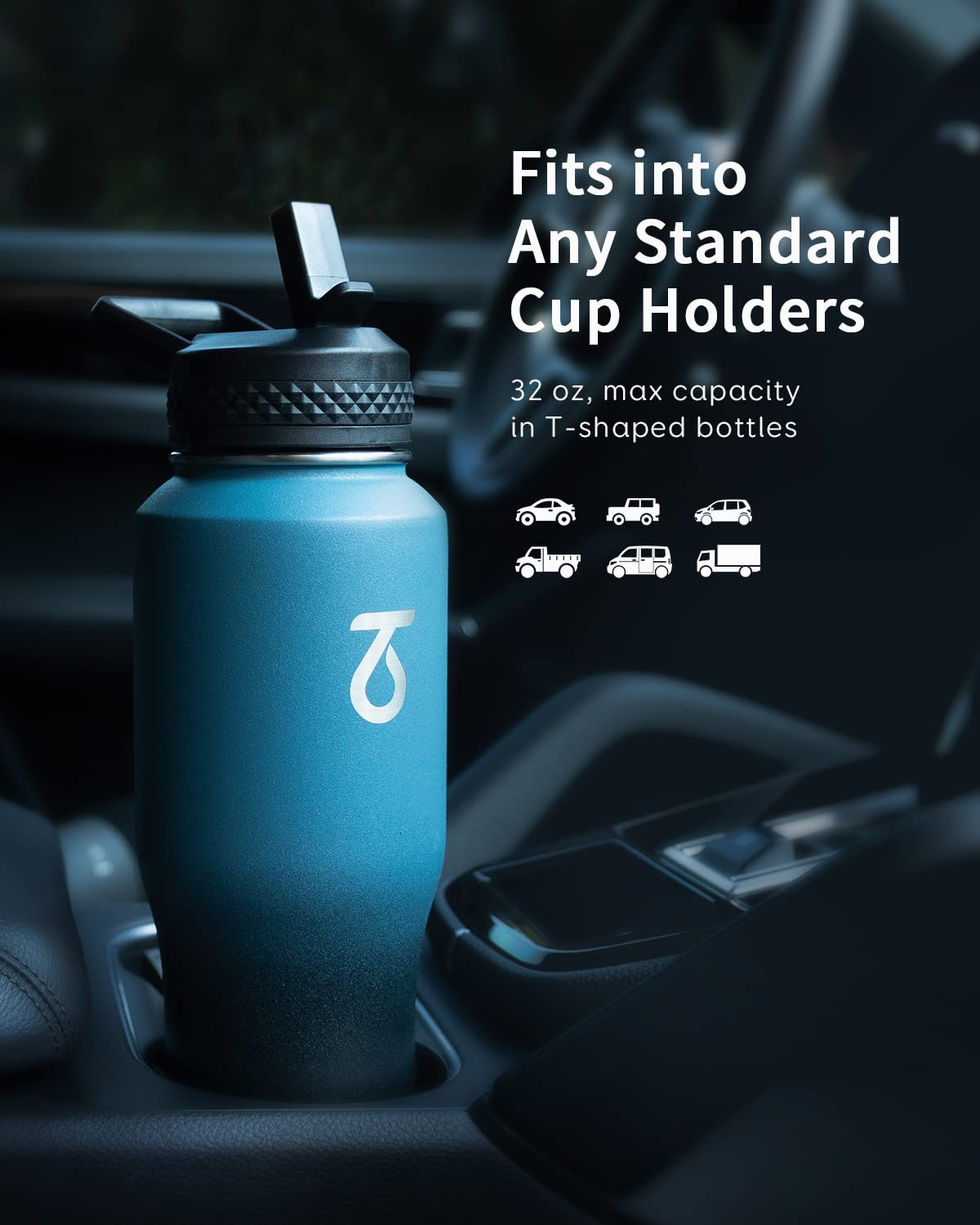 Trebo 32Oz Insulated Water Bottle That Fits In Cup Holder, Stainless Steel Double Wall Tumbler Flask Bottles With Paracord Handl