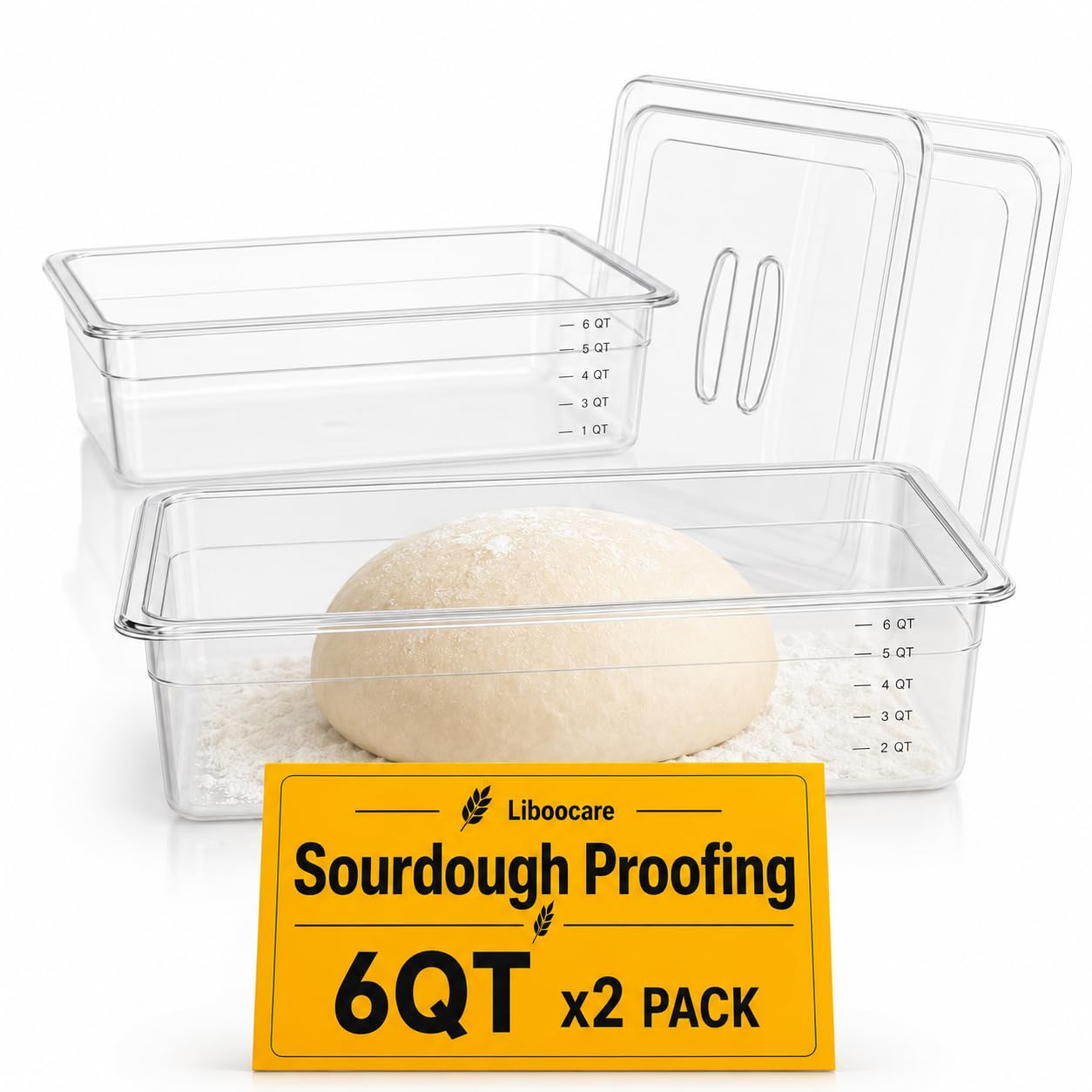 Sourdough Proofing Containers, 2 Pack 6QT Clear Dough Rising Boxes with Lids, Stackable Bulk Fermentation Containers for Bread B
