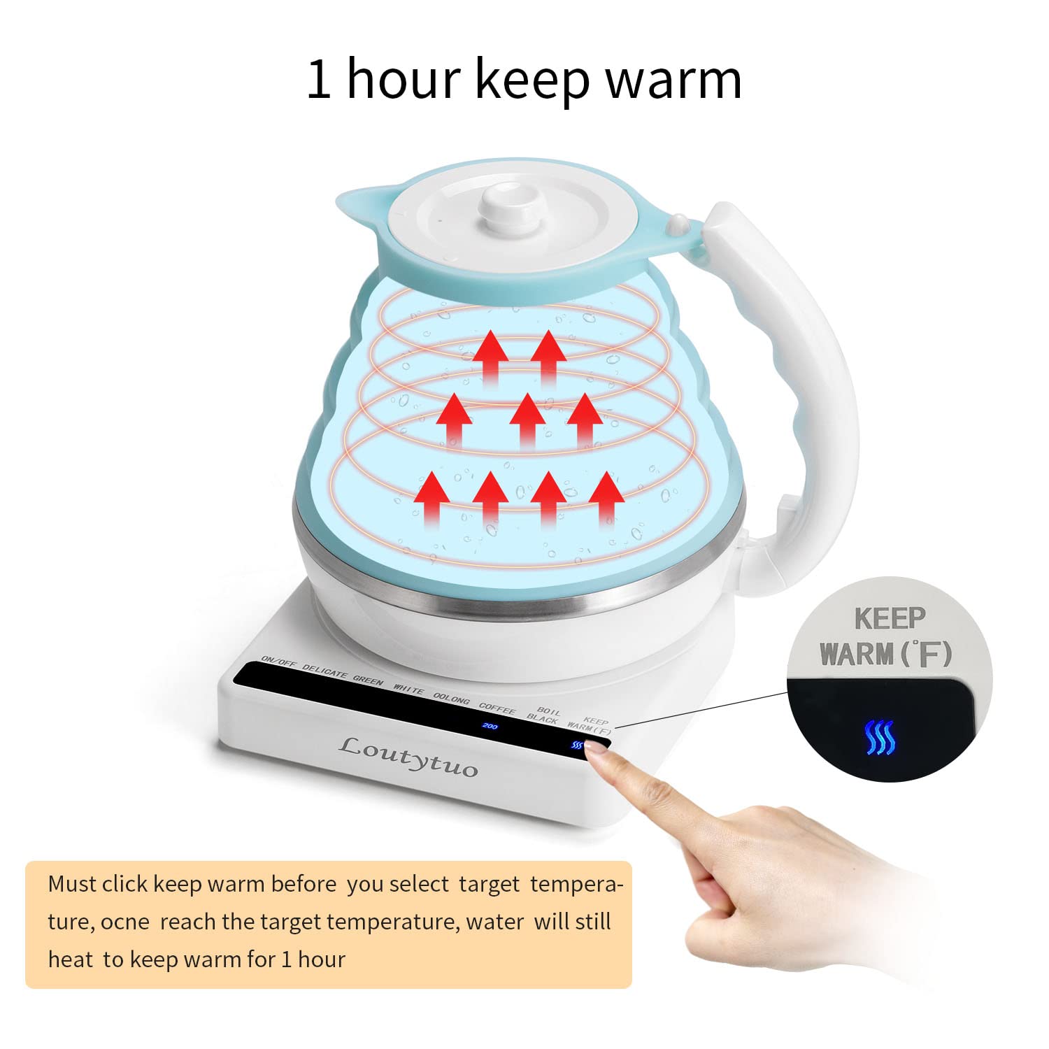Ultrathin Food Grade Silicone Travel Foldable Electric Kettle Variable Temperature Control with Dual Voltage  Auto Shutoff & Boil Dry Protection & Keep Warm  555ML 110-220V US Plug