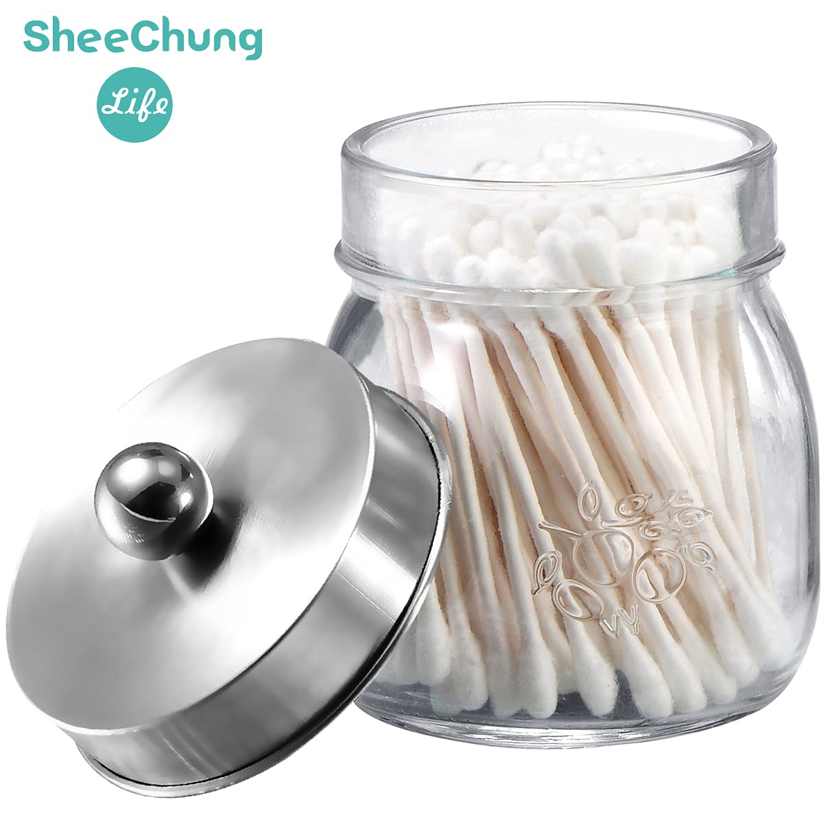 Farmhouse Rustic Decorative Mason Jars  Bathroom Vanity Storage Organizer Canisters Cute Glass Apothecary Jars with Stainless Steel Lid for Cotton Swabs Rounds Balls Floss pick 4 Pack (Brushed nickel)