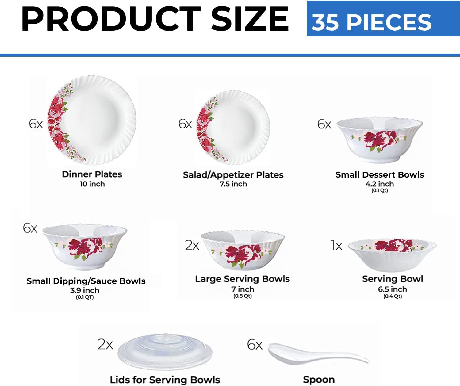 Borosil Gourmet Dinnerware Set For 6, 35 Pieces, White Dinner Plates and Bowls , Chip Resistant Tempered Opal Glass, Stain Resis