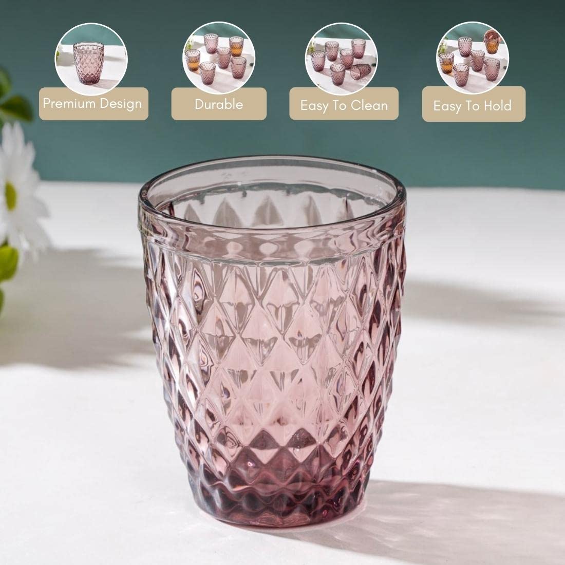 Nestasia Mauve Set of 6 Crystal Water Glasses |Juice Glasses | Drinking Glasses | Glass Tumblers (Set of 6, 250ml)