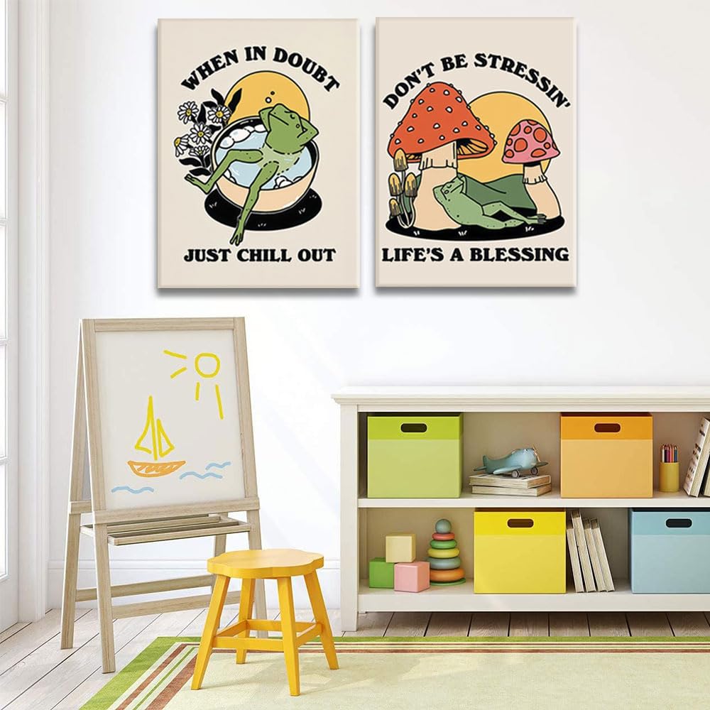 Framed Retro Meditating Frog Wall Art Carefree Frog Prints Vintage Frog Mushroom Picture Trendy 70S Aesthetic Poster Quote Wall