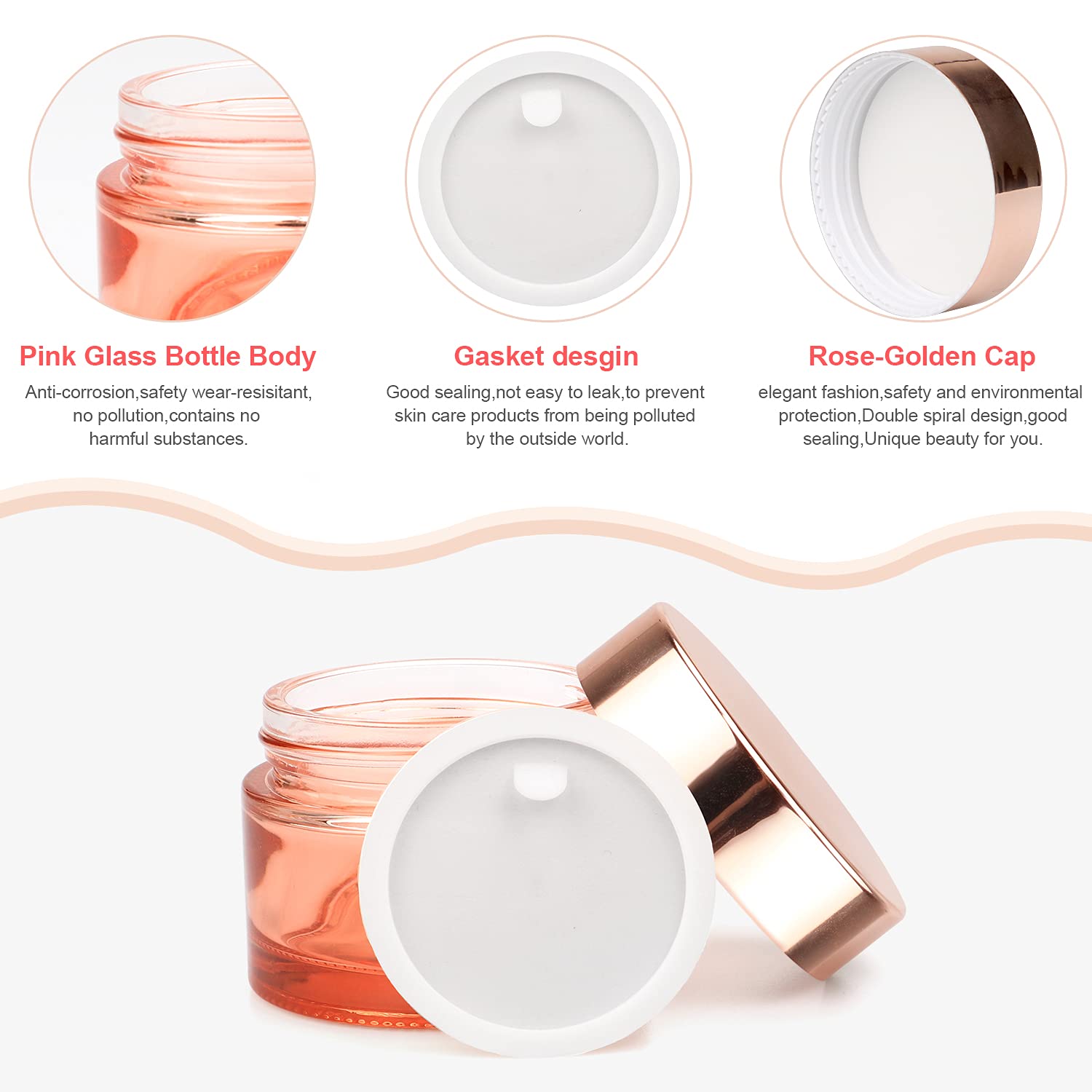 Furnido Pink Glass Cream Jar 4 Pack 1.7 oz/50g Face Lotion Jar Pot Empty Refillable Glass Cosmetic Cream Bottle Container With Rose-Golden Cover Inner Liners for Moisturizer Eyeshadow Makeup Emulsion