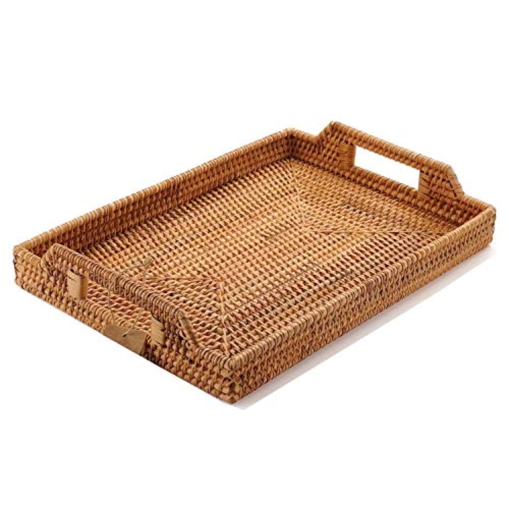 Hand-Woven Rattan Serving Tray With Handles For Breakfast, Drinks, Snack For Dining/Coffee Table (14.5 Inch (37 Cm), Rectangular