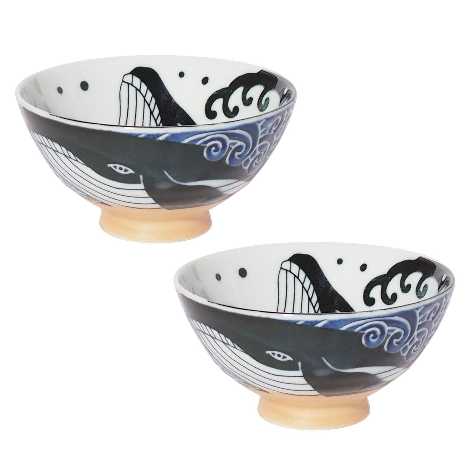 Minoru Touki White Wave Whale Blue Ceramic Rice Bowl Small Set Of 2 F4.4  H2.4In 11.29Oz