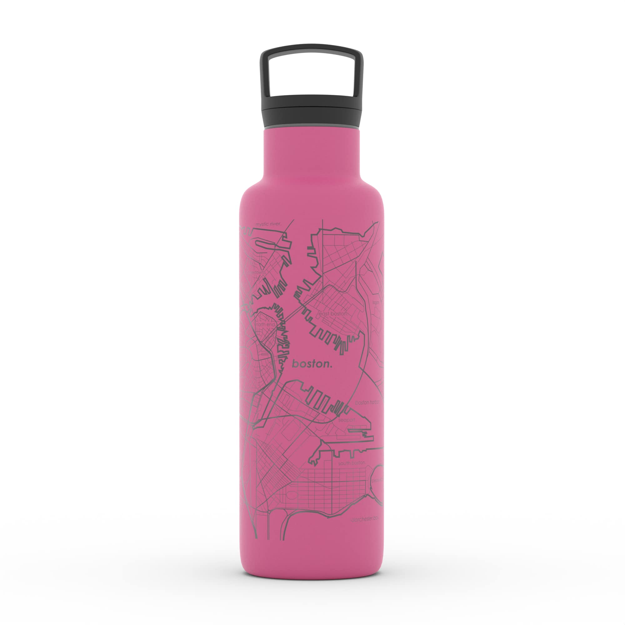 Well Told Engraved Boston Massachusetts Map Insulated Water Bottle, Etched Stainless Steel Bottle (21 Oz, Sunset Pink) City Map