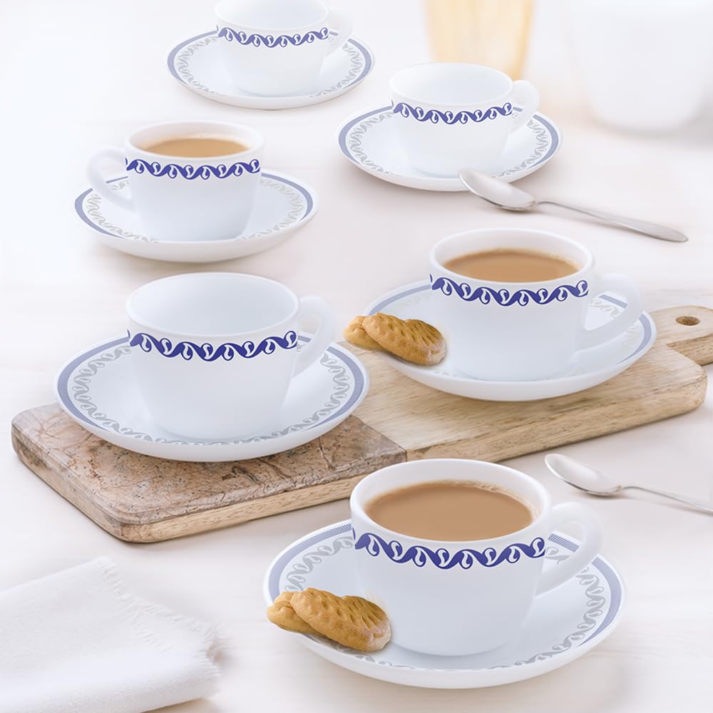 Larah By Borosil Jazzblue Opalware Set  6 X 140Ml Cups And 6 Saucer (12 Pieces) | Microwave And Dishwasher Safe | Crockery Set 