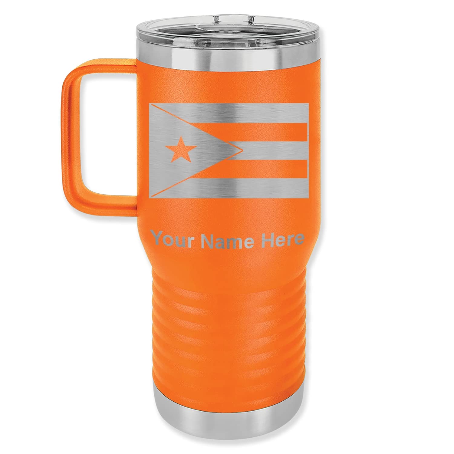 Lasergram 20Oz Vacuum Insulated Travel Mug With Handle, Flag Of Puerto Rico, Personalized Engraving Included (Orange)