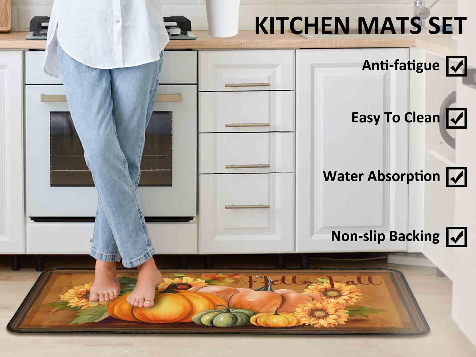 Noulmea Hello Fall Pumpkin Decorative Kitchen Rugs Set of 2,Thanksgiving Autumn Pumpkin Front Door Mat Floor Rug for Fall Home H