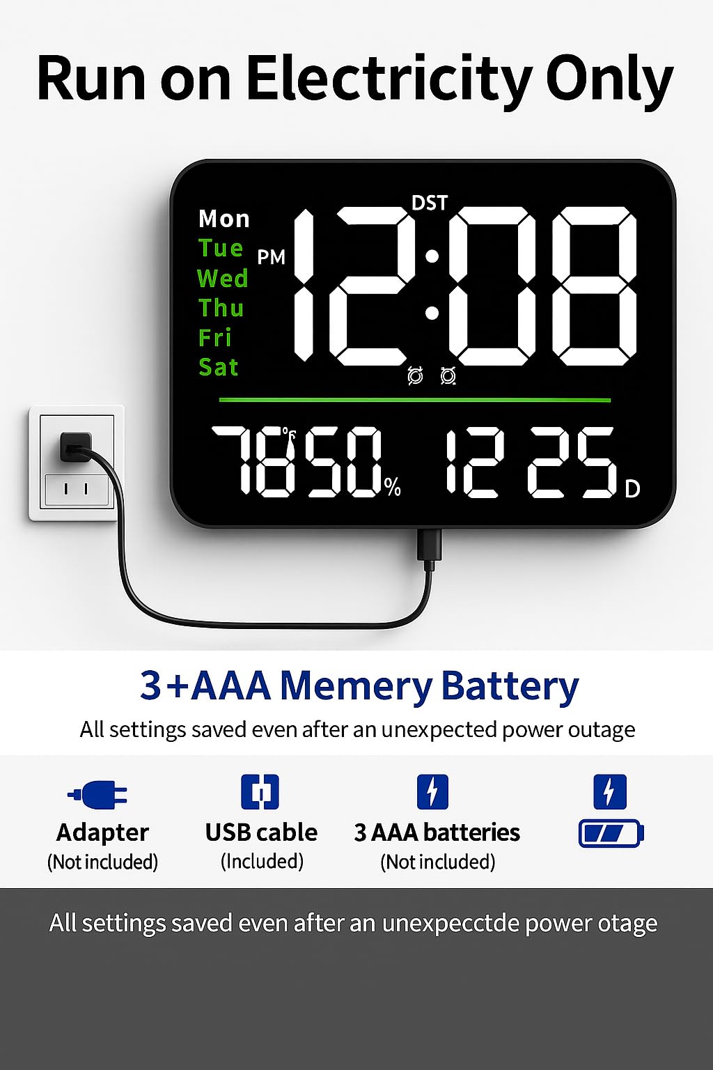 Aerys 16-Inch Digital Wall Clock, Large Led Display With Remote Control, Auto/Custom Dimmer, Temp & Humidity, Dual Alarms, For L