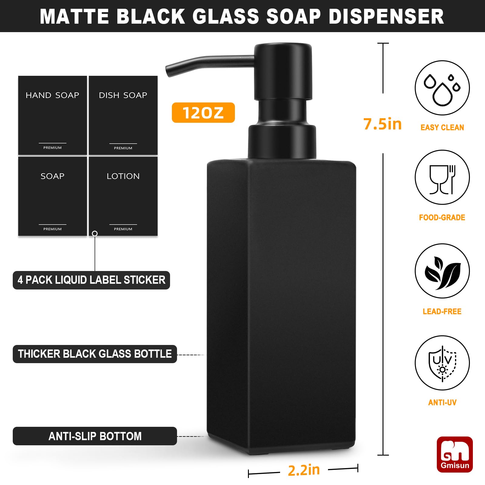 Gmisun Black Soap Dispenser, Hand Soap Dispenser Bathroom, 12Oz Glass Soap Dispenser With Stainless Steel Pump, Liquid Dish Soap