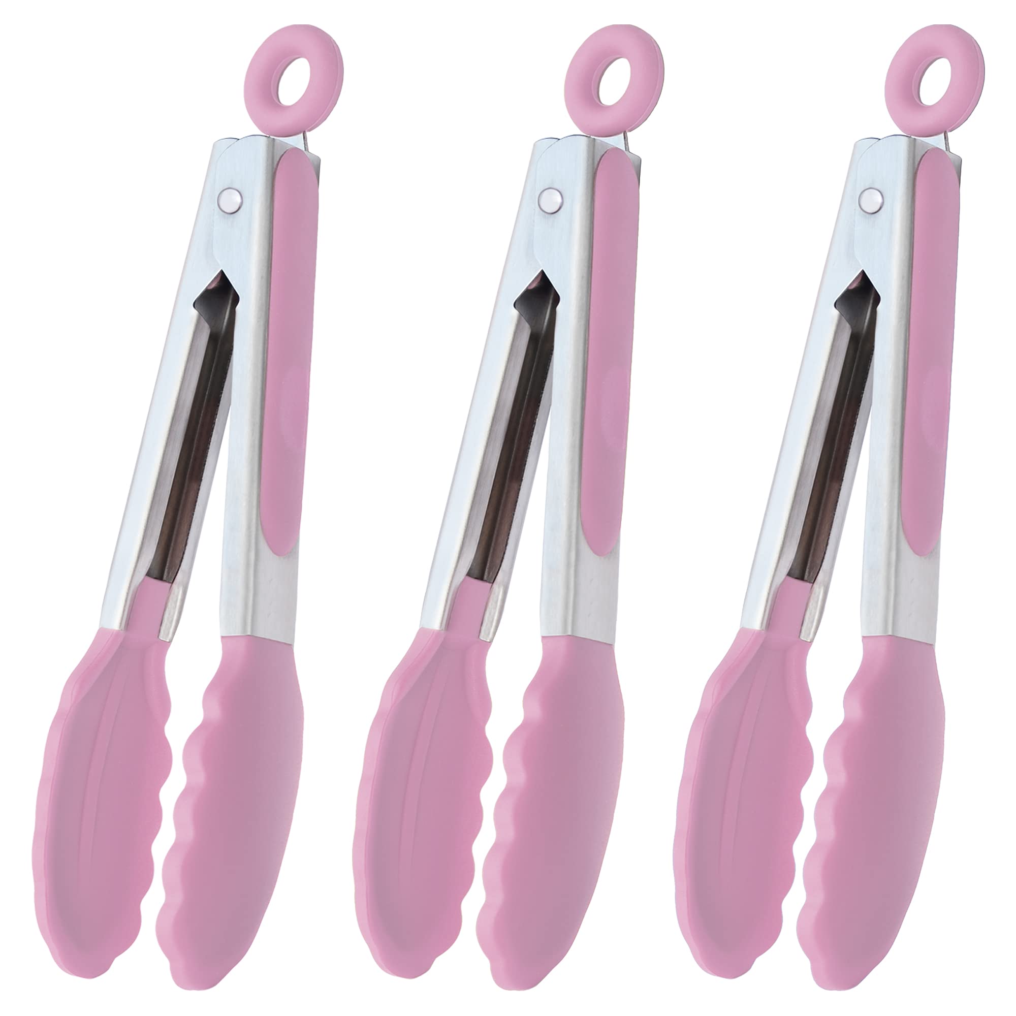 Hinmay Small Serving Tongs With Silicone Tips 7-Inch Mini Tongs, Set Of 3 (Pink)