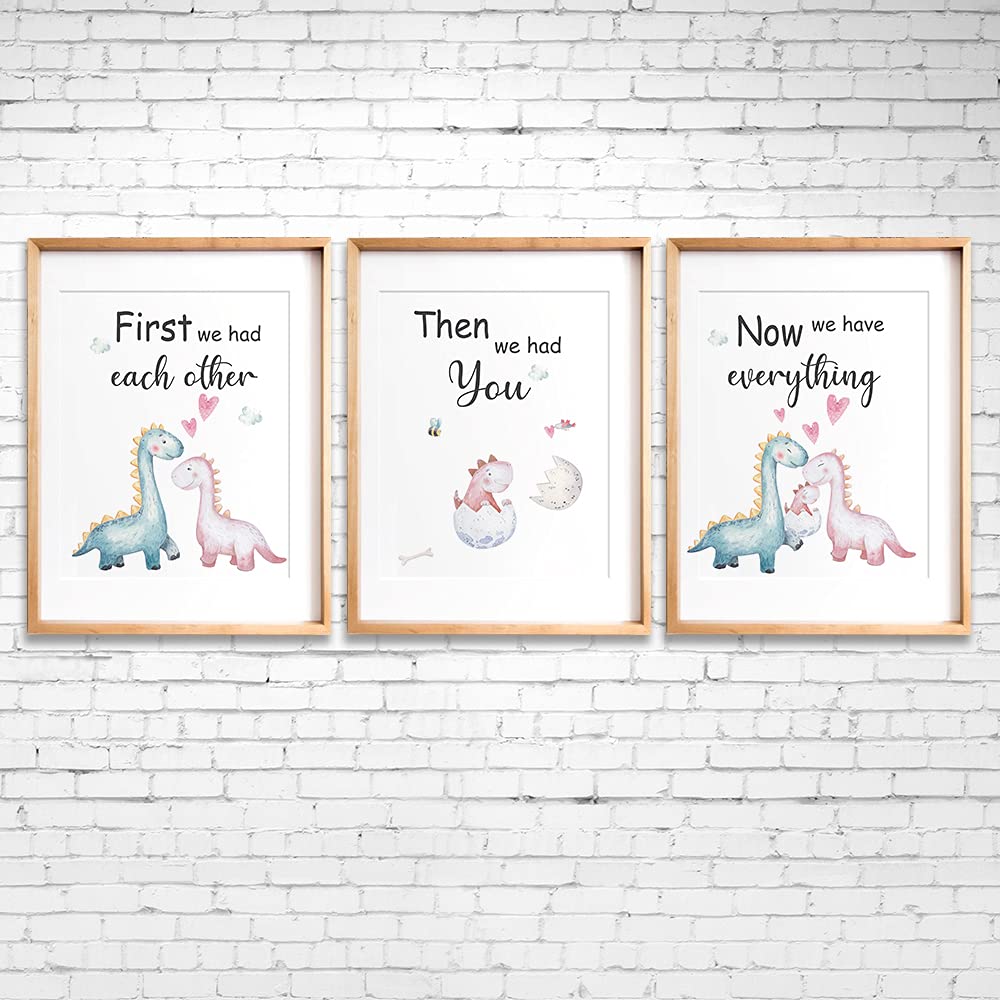 Suuura-Oo Cute Baby Dinosaur Watercolor Art Print Poster, Set Of 3 (8   X10   ) Balloon Dinosaur Family Love Quote Wall Art Post