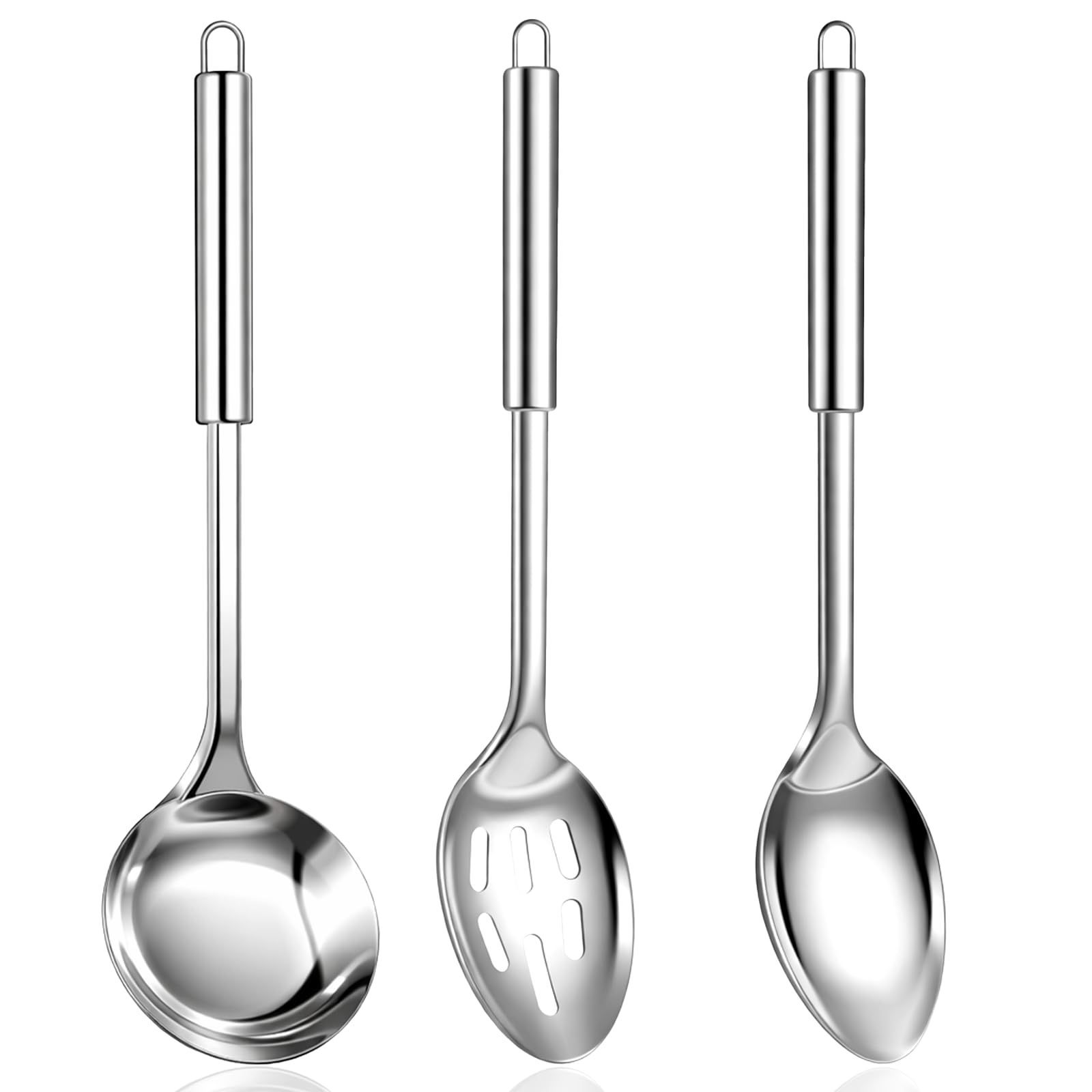 3 Pcs Large Serving Spoon Slotted Spoons and Soup Ladle Stainless Steel Cooking Spoon Set Long Basting Spoons with Round Handle 