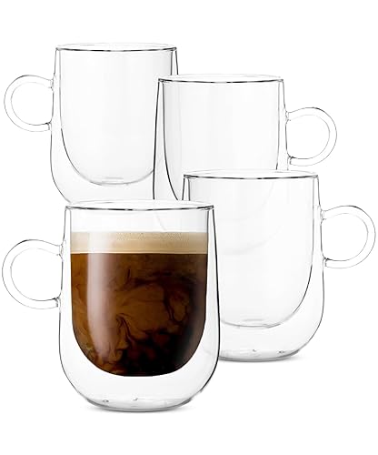 BTaT- BarrelShape Mugs  4 Pack  12 oz (350 ml)  Glass Coffee Mugs  Clear Coffee Mug  Double Wall Glass Coffee Mugs  Glass Mugs  Latte Cup  Glass Tea Cups  Insulated Coffee Cups