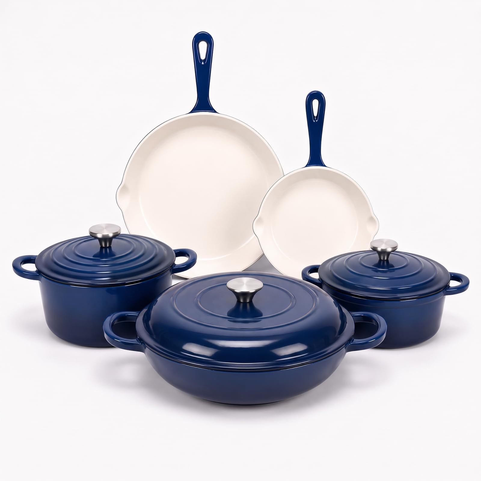 SearCook 5Piece Enameled Cast Iron Cookware Set with Lids, Skillet, Frying Pan, Saucepan and Dutch Oven for All Stovetops, PFA