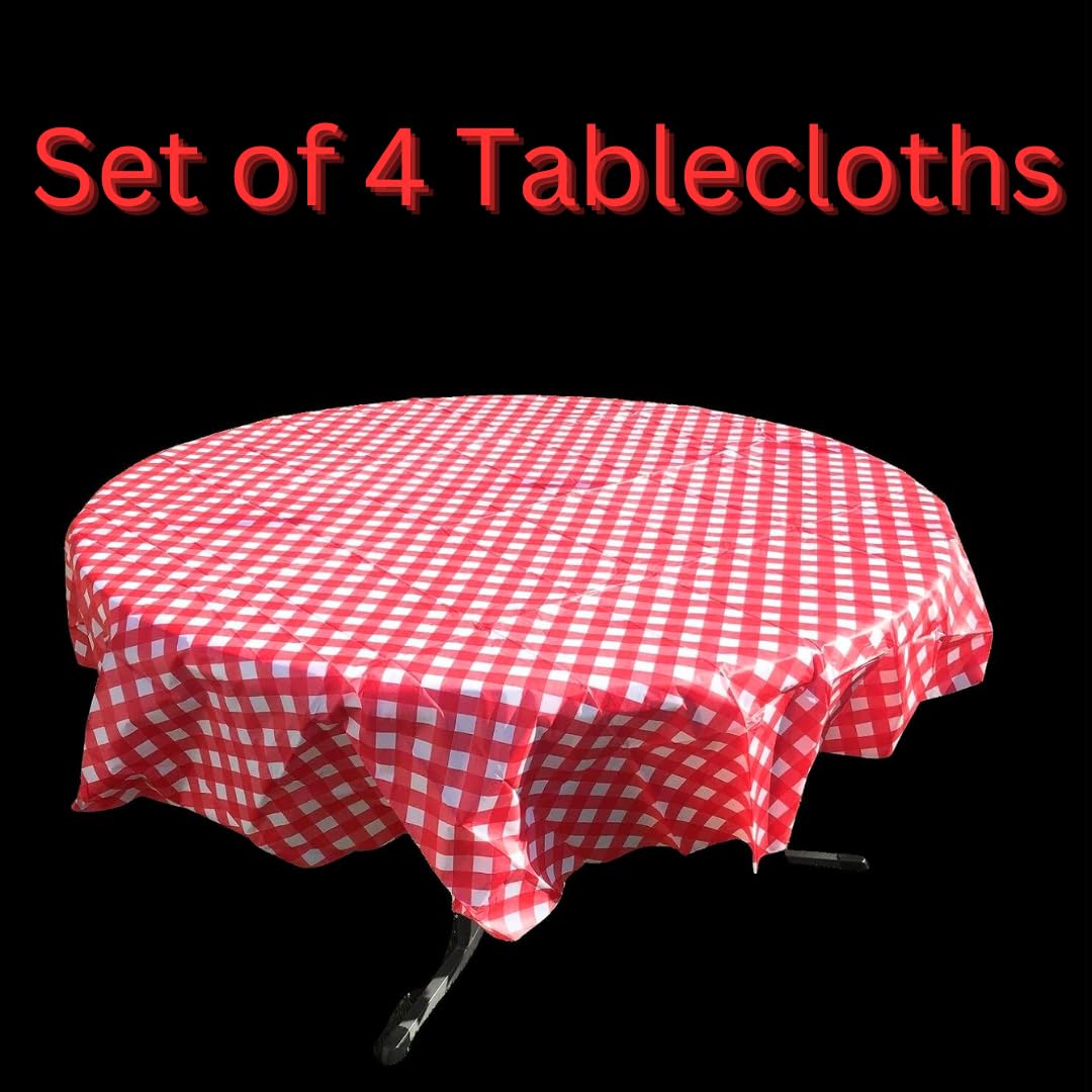 Oojami Pack Of 4 Round Checkered Tablecloth - Red & White Plastic Disposable Table Covers For Parties And Events - 78 Diameter