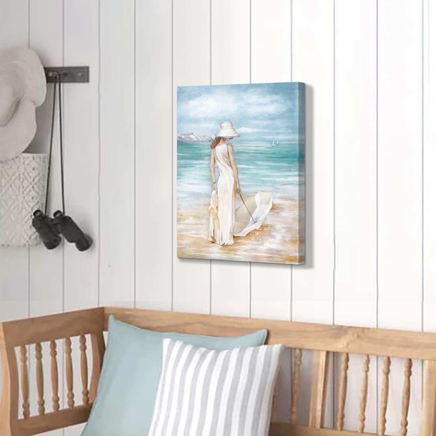 Abstract Beach Artwork Ocean Picture: Modern Women With Umbrella Sea Print Coastal Wall Art On Canvas For Bedroom (24    X 18
