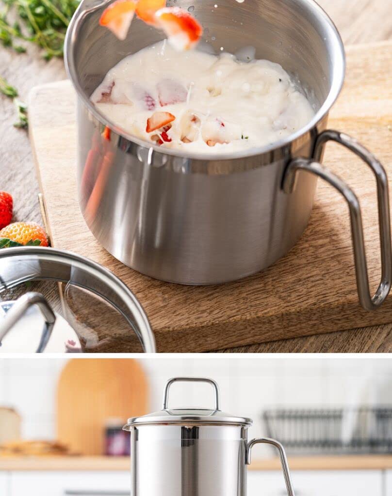 1.5 Quart Saucepan With Pour Spout, Multi Pot With Straining Lid And Soup Serving Spoon - Perfect For Boiling Milk, Sauce, Gravi