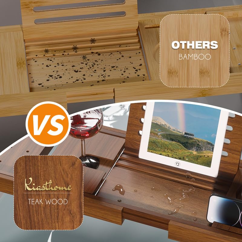 Kiasthome Teak Bathtub Tray, Bath Tray For Tub Bathroom Table Tray Expandable Wood Tub Tray For Bathtub, As Unique Housewarming,