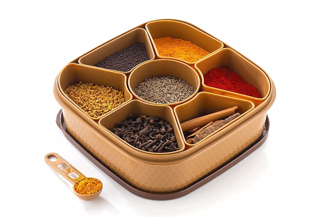 Woolco Masala Rangoli Box Dabba For Keeping Spices | Spice Box For Kitchen | Plastic Wooden Style Masala Box | Masala Container 