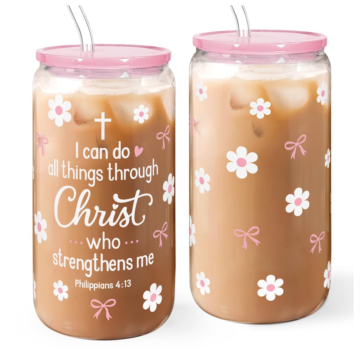 SANDJEST Christian Glass Can Tumbler 16oz, Inspirational Glass Cup with Lid & Straw, Iced Coffee Aesthetic Cups for Women Girls,