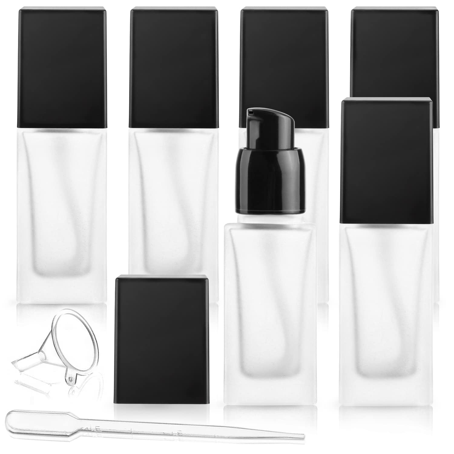 6 Pieces 30Ml/1Oz Frosted Glass Foundation Bottles Square Lotion Dispenser Container Empty Cosmetic Samples Vials With Press Pum