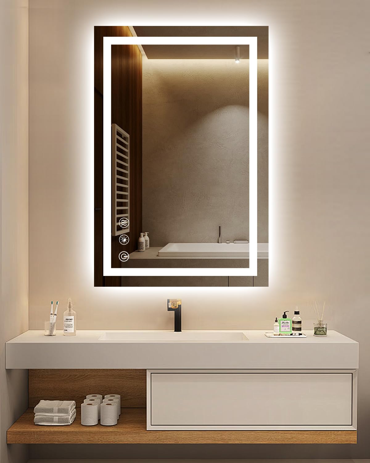 Oneup 24''X36'' Bathroom Mirror With Lights,Front Lighted Bathroom Mirrors For Wall,Anti-Fog Smart Vanity Mirror,Touch Button An