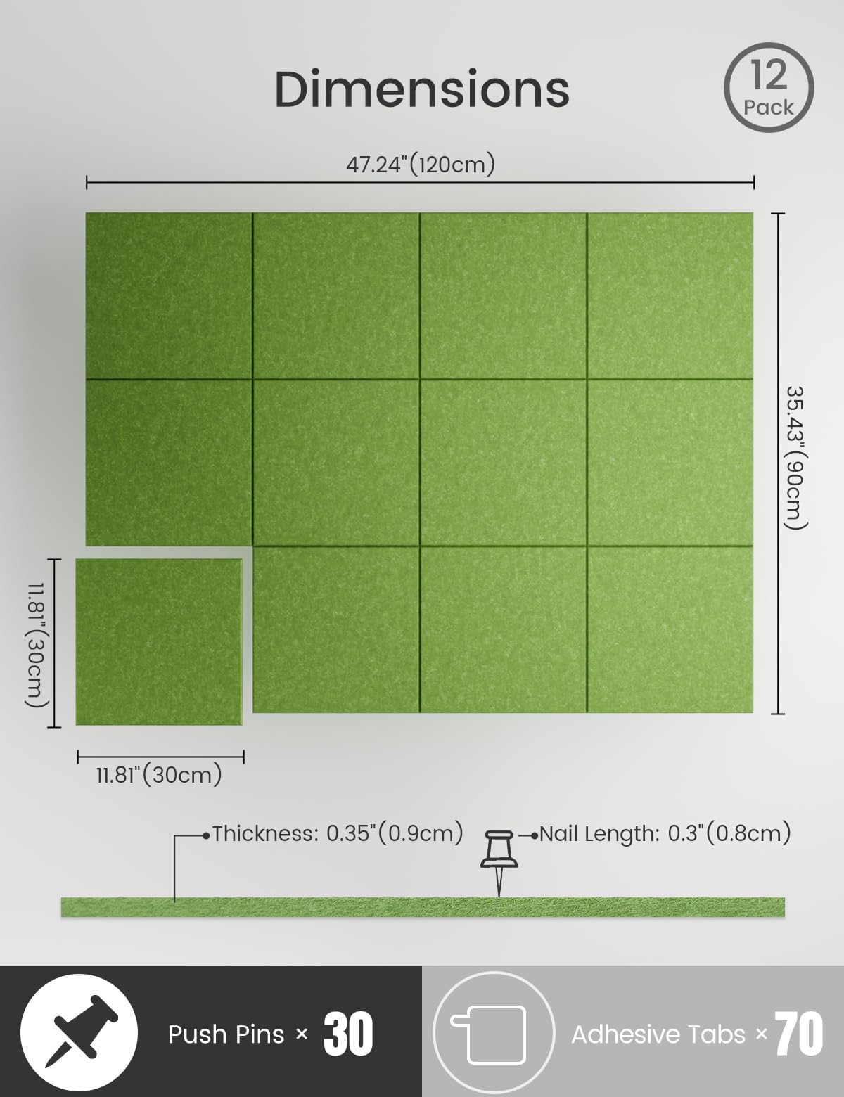 Bumusty Large Cork Board 47x35 Alternative - 12 Pack Felt Wall Tiles with 70 Safe Removable Adhesive Tabs, 30 Pushpins, Cork Boa