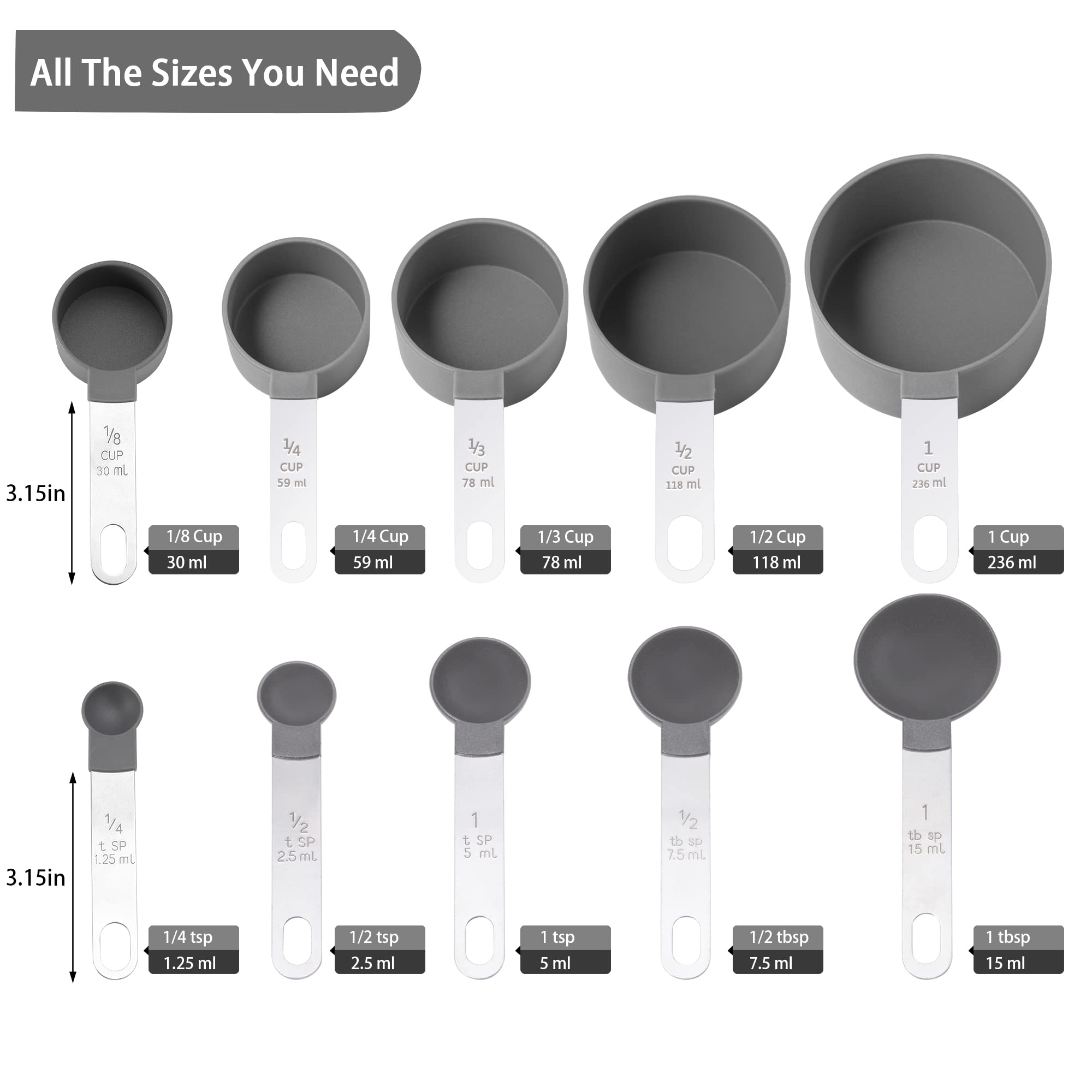 Measuring Cups And Spoons Set Of Huygens Kitchen Gadgets 10 Pieces, Stackable Stainless Steel Handle Measuring Cups For Measurin
