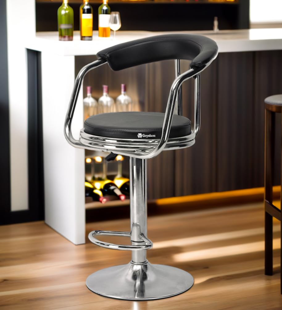 Goyalson Steel Classic Height Adjustable And Revolving Bar Stool Kitchen Chair, Sturdy Chrome Base, AntiScratch Ring, Leatheret