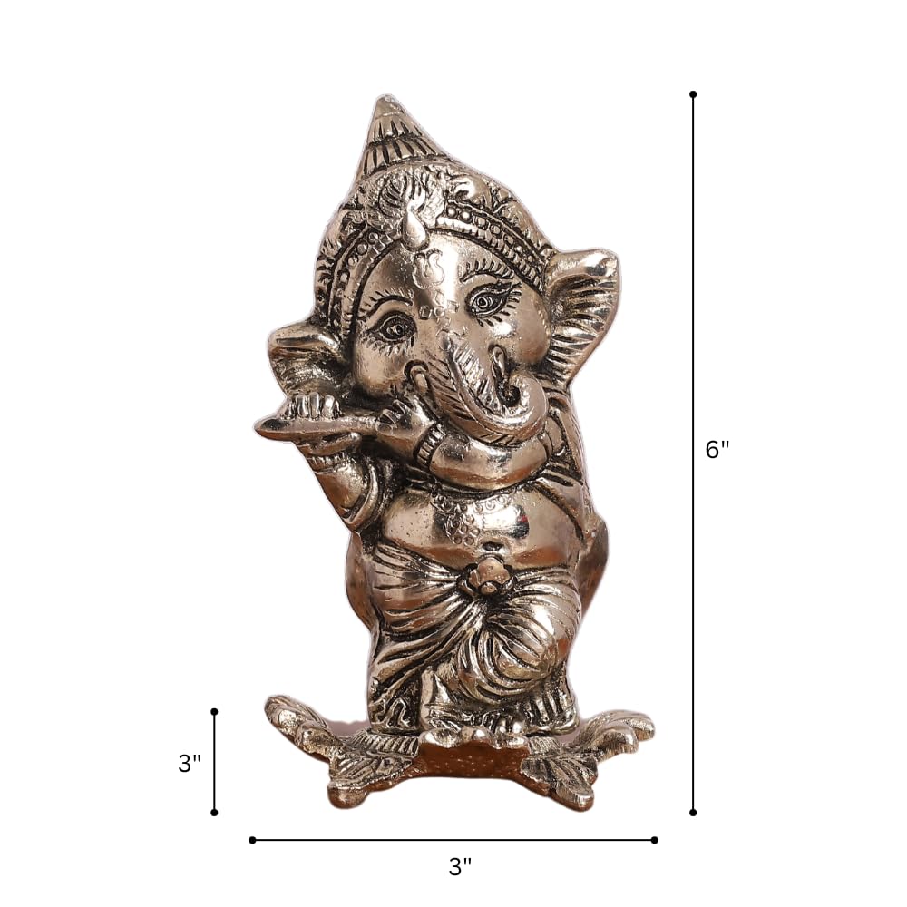 Smiles Gift Silver Plated Ganesh Idol With Playing Flute Statue | Aluminium Figurines | Showpiece For Table, Pooja, Mandir & Ret