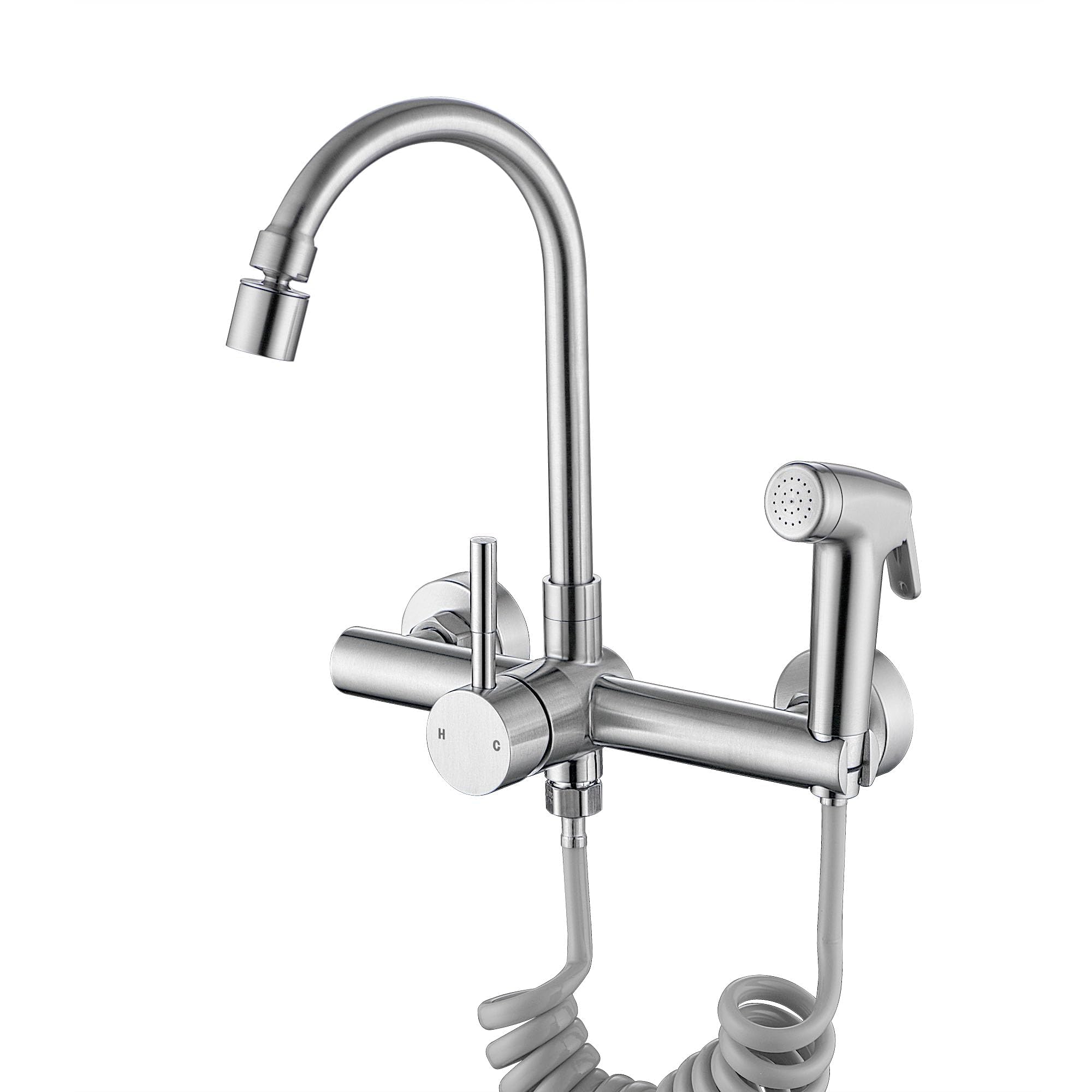 Zhyich Wall Mount Kitchen Faucet With Side Sprayer, Commercial Sink Faucets 8 Inch Center, 360 Swivel Spout And Dual Functional
