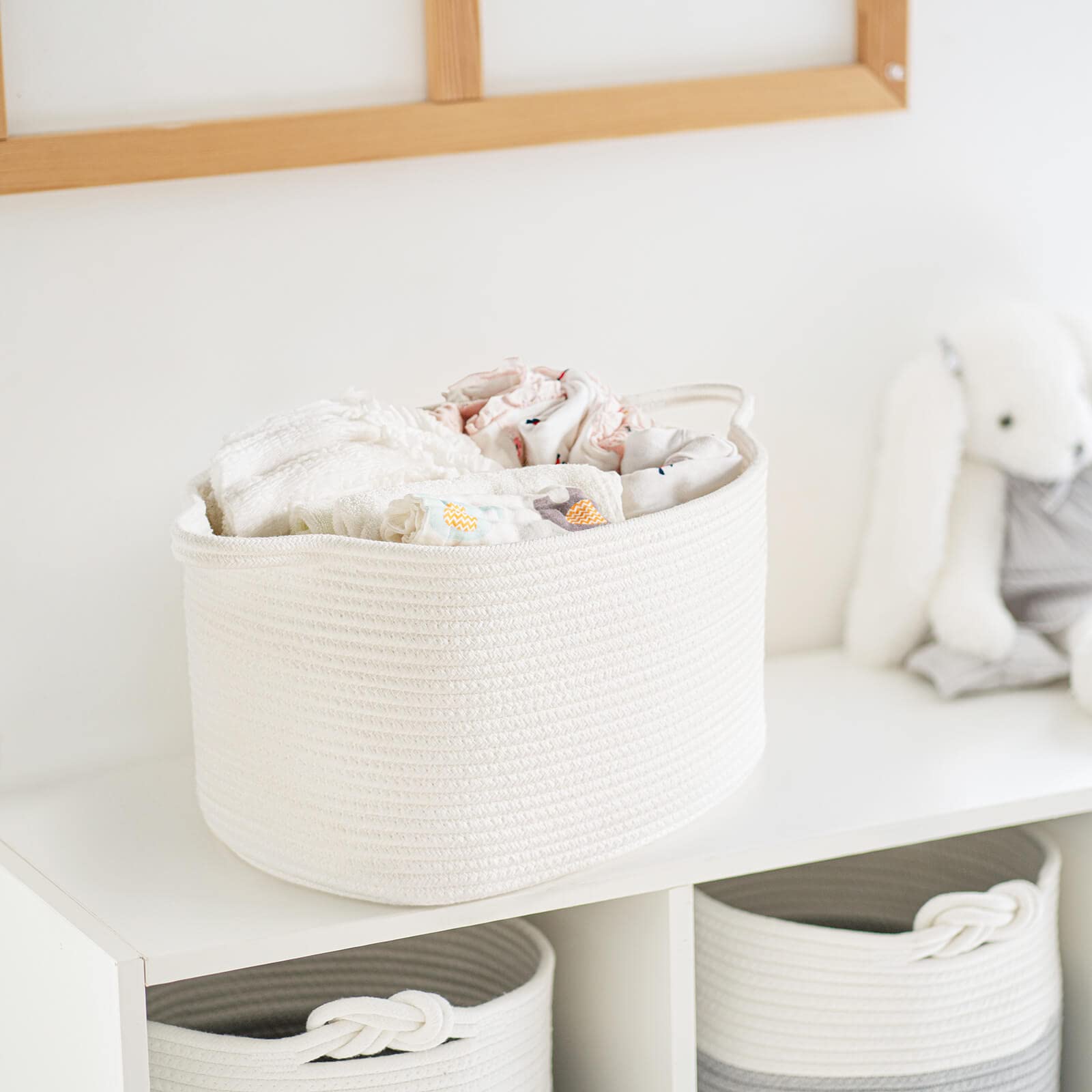 Goodpick White Woven Rope Basket With Handles, Medium Rectangle Basket For Books, Toys, Towels, Square Decorative Basket For Liv