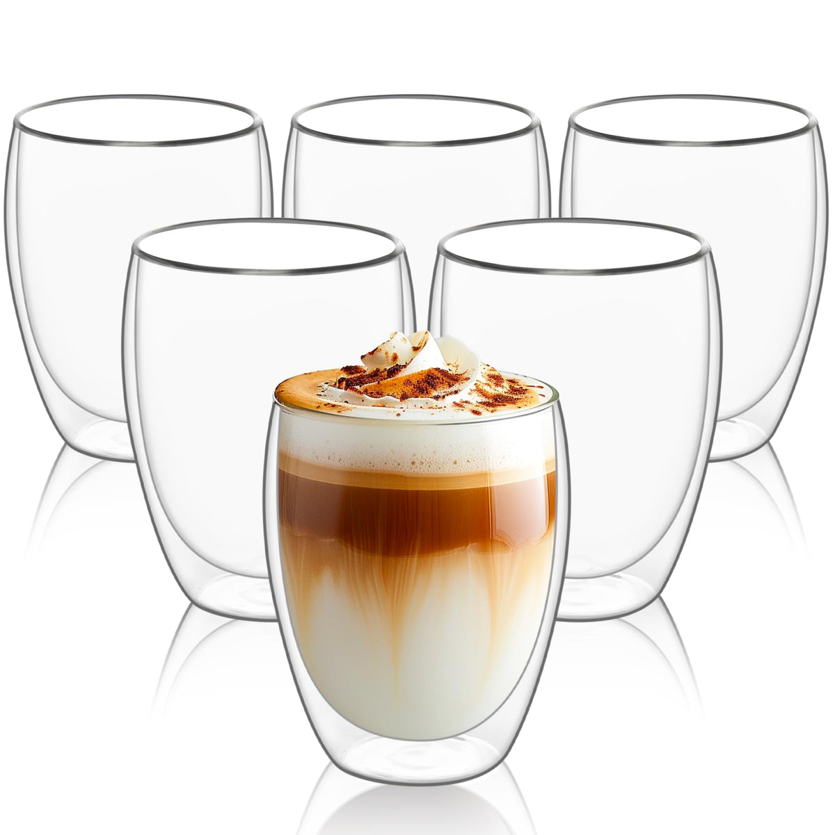 Comsaf Glass Coffee Mugs Set Of 6, Double Wall Insulated Thermal Cups 12Oz, Clear Glass Coffee Cup For Tea/Juice/Milk, Latte Cap