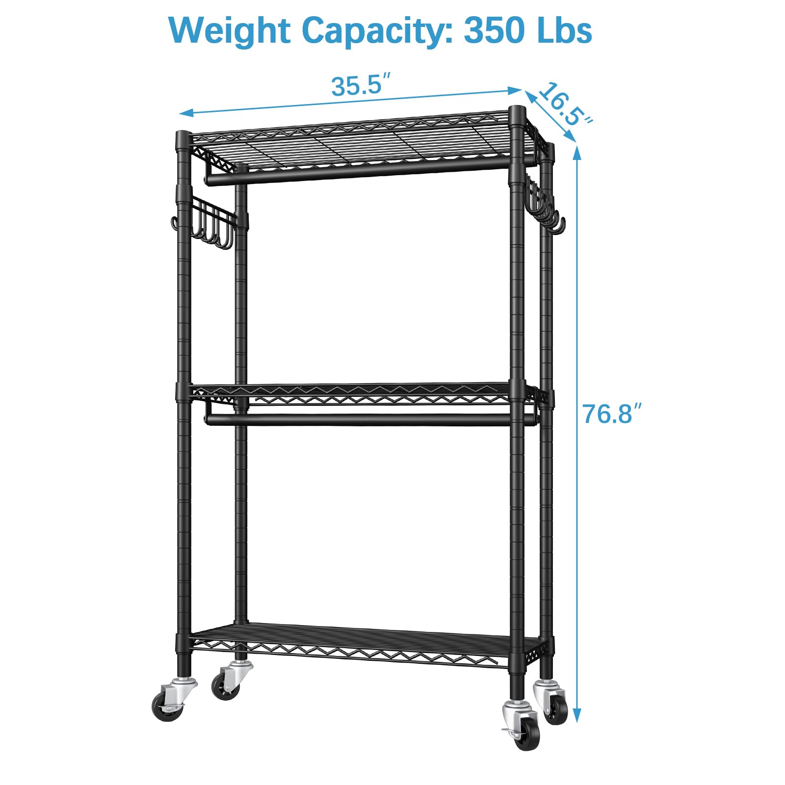 Vipek V12 Medium Heavy Duty Rolling Garment Rack 3 Tiers Adjustable Clothes Rack With Double Rods & Hooks, Freestanding Wardrobe