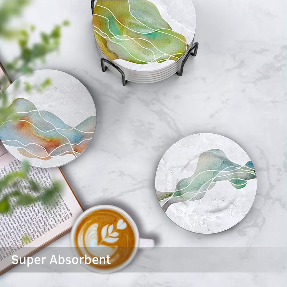 Umirro Ceramic Stone Coasters For Drinks Absorbent With Holder | Agate Style Coasters Set With White Marble Texture Background |