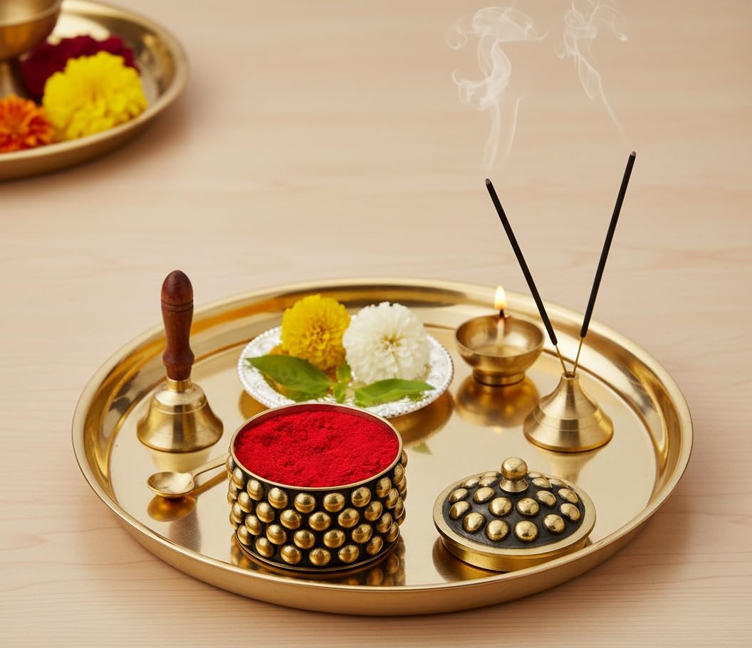 KULIA Sindoor Small Box Brass Round Shape Jewellery Trinket Decorative Box Hindu Pooja Set Kumkum Small Box with Free Sindur Pow