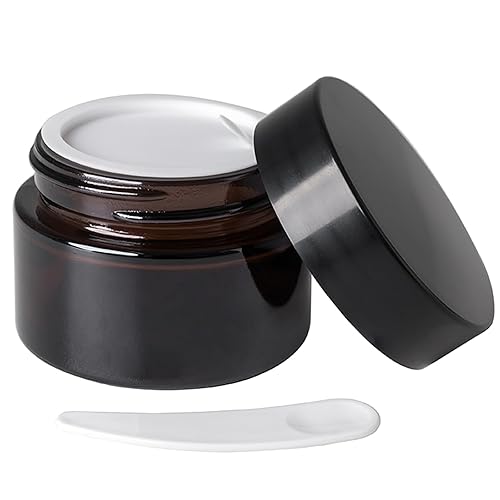 OverNews 1oz Amber Glass Jar  Empty Cosmetic Lotion Containers with Inner Liners Black Lid  Spatula