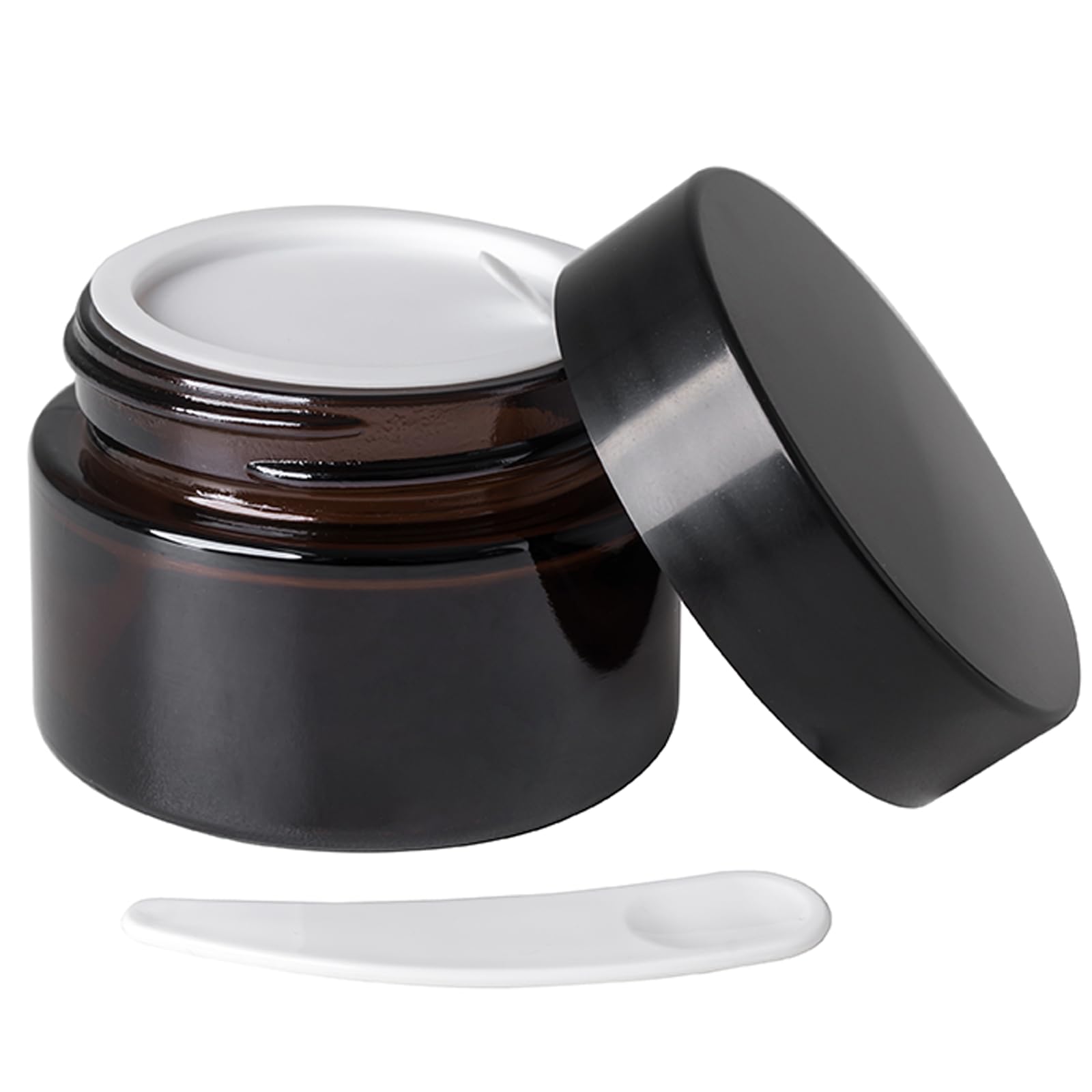 OverNews 1oz Amber Glass Jar  Empty Cosmetic Lotion Containers with Inner Liners Black Lid  Spatula