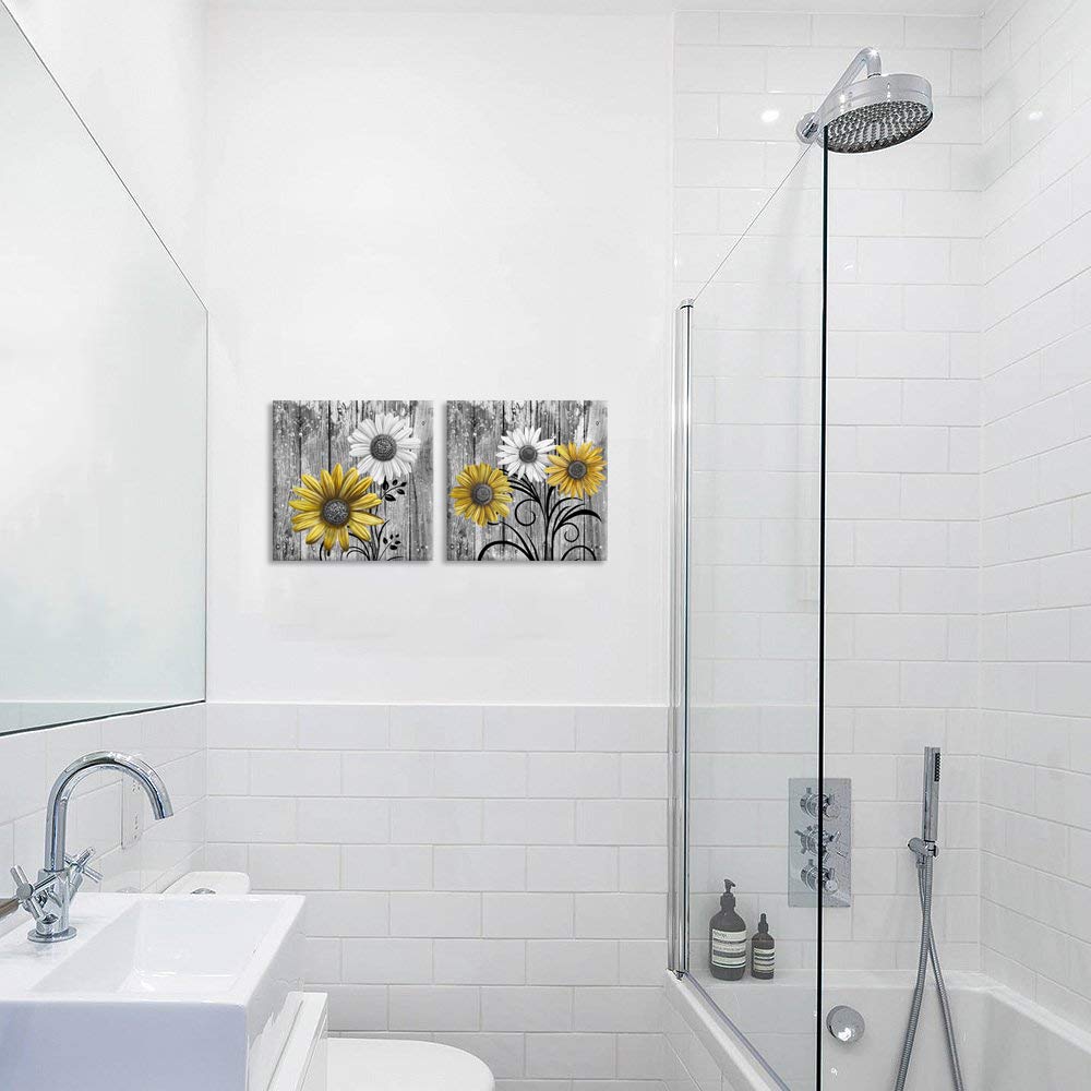 Ihappywall 2 Pieces Rustic Daisy Flowers Bathroom Picture Wall Decor Yellow And Grey Artwork For Bedroom Living Room Farmhouse D