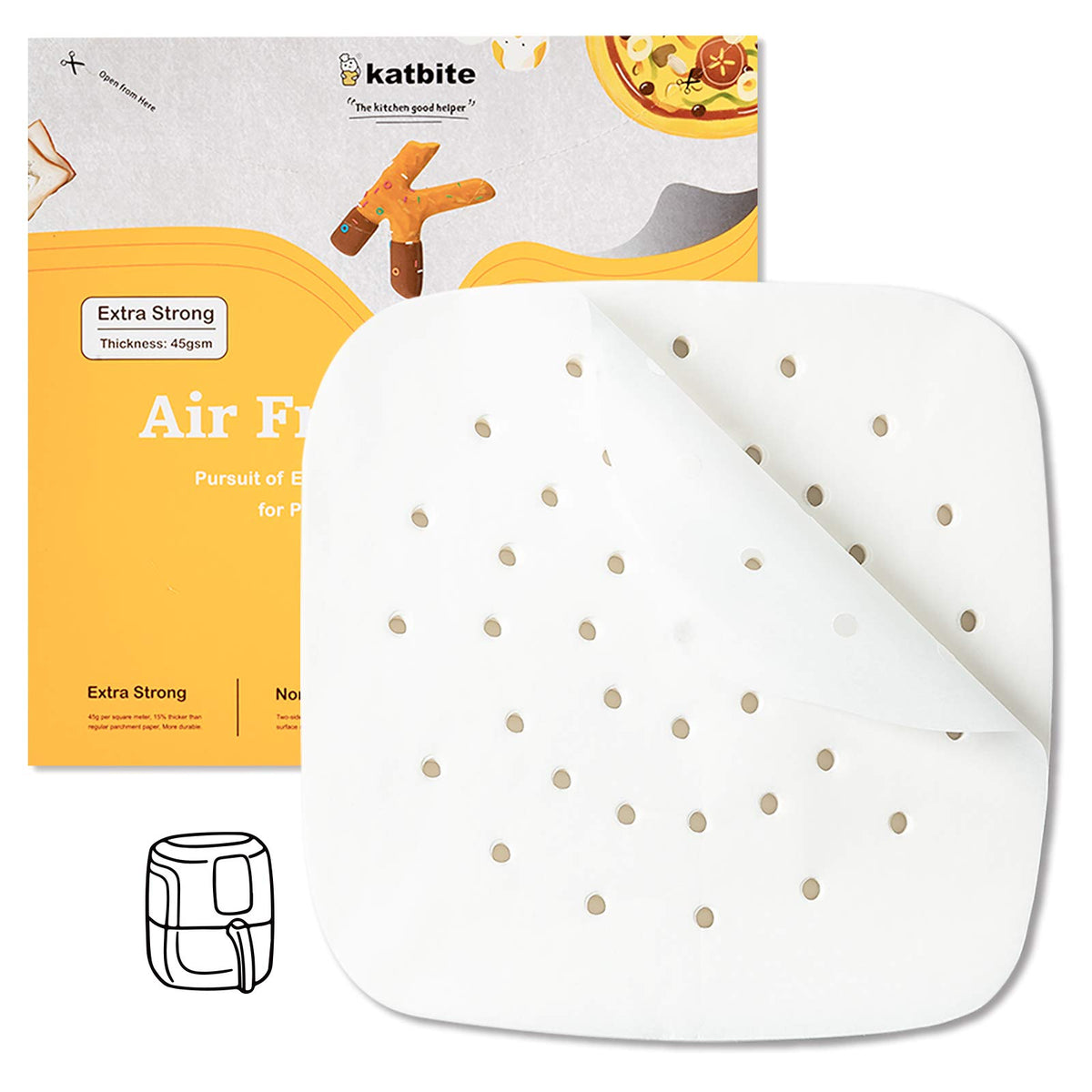 Katbite 200Pcs 7.5 Inch Air Fryer Parchment Paper, Heavy Duty Non-Stick Square Air Fryer Liners, Perforated Parchment Paper For
