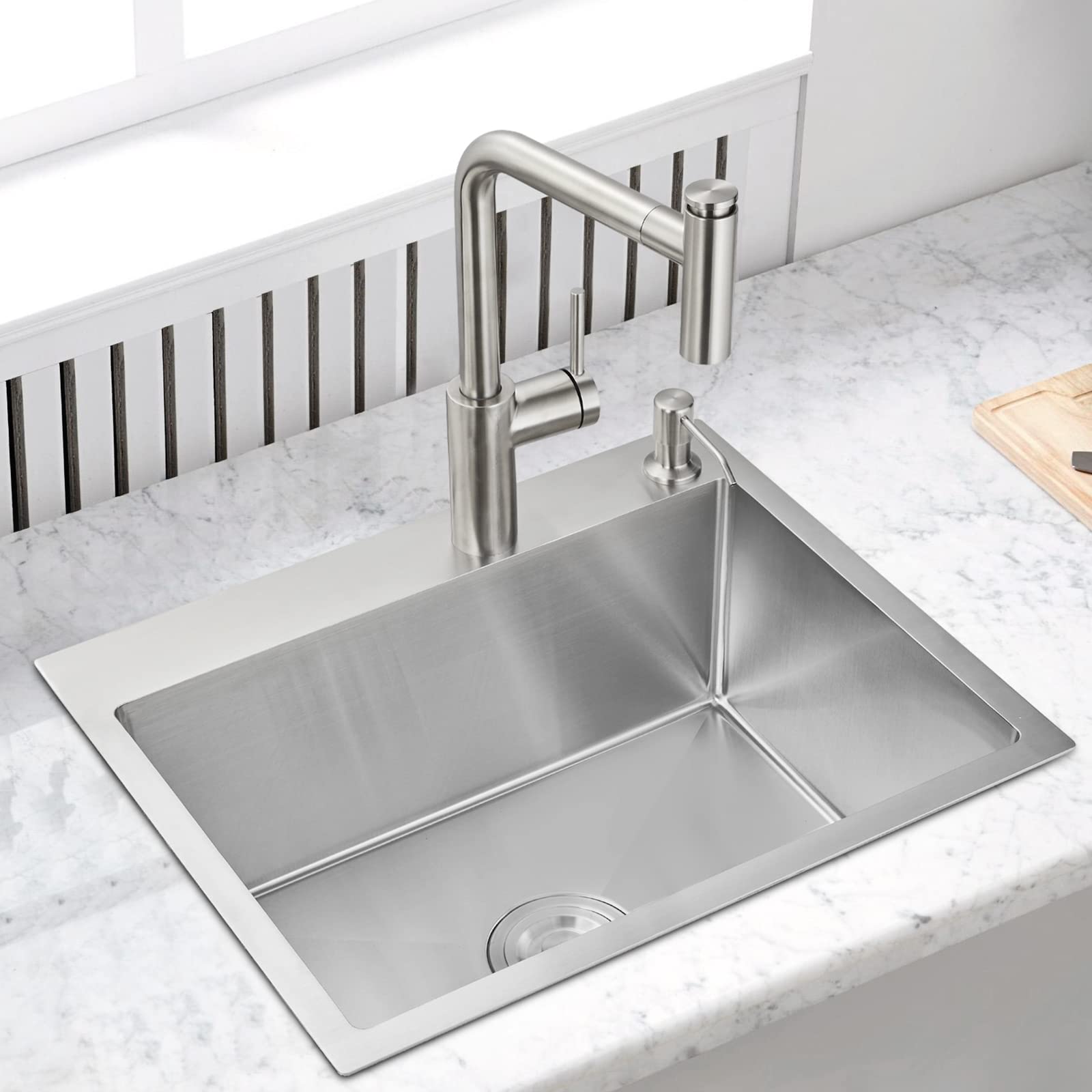 Ougoo 20 X 16Inch Drop-In Tight Radius Brushed Stainless Steel Topmount Kitchen Sink Single Bowl