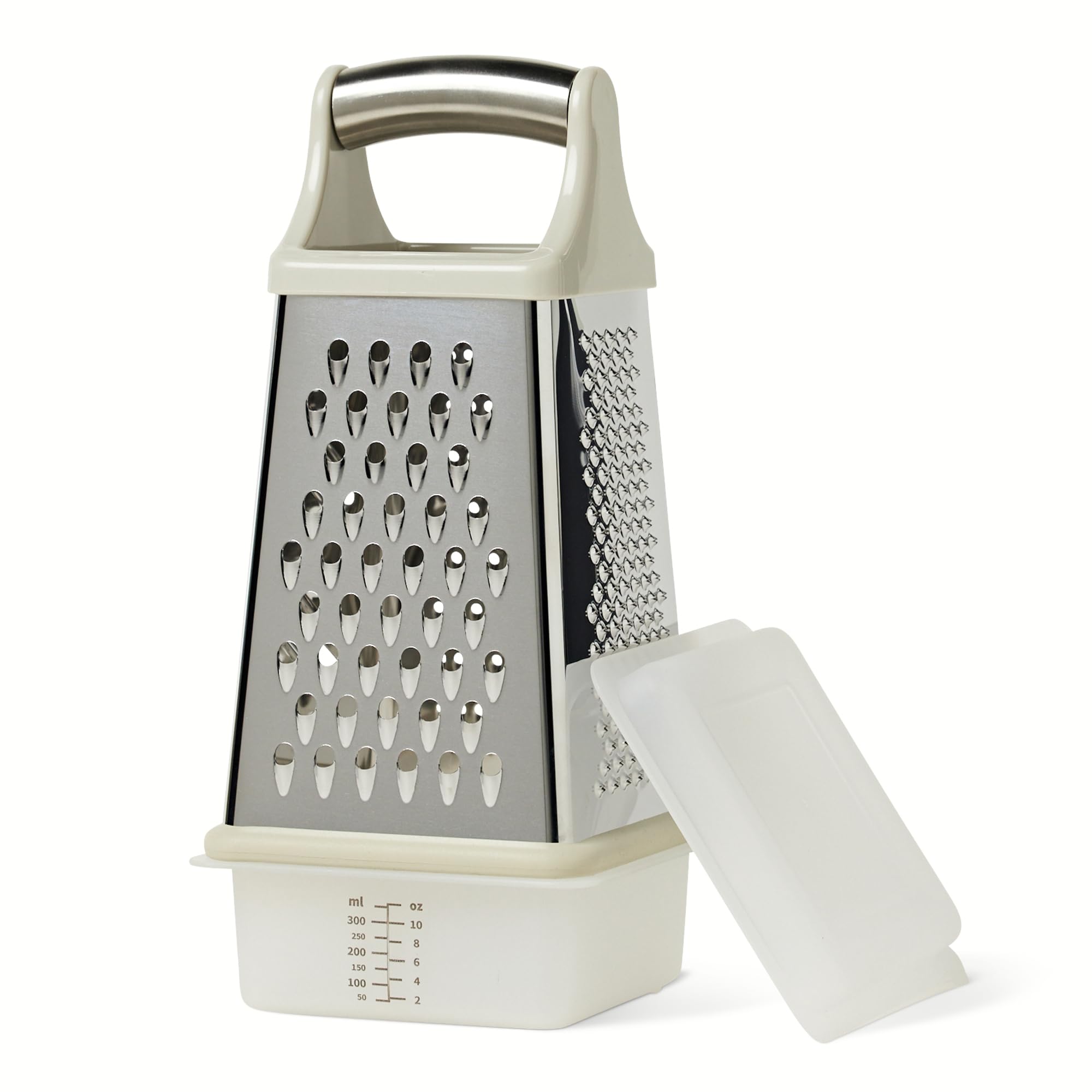 Amazon Basics Cheese Grater, 4Sided Stainless Steel Box Grater with Measuring Container, DishwasherSafe